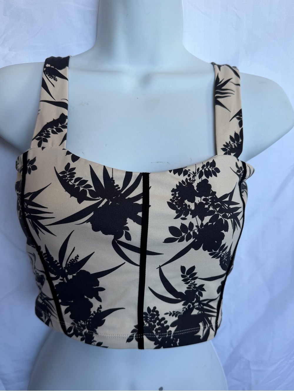 Mono B Beige Crop Top with Black Floral Print